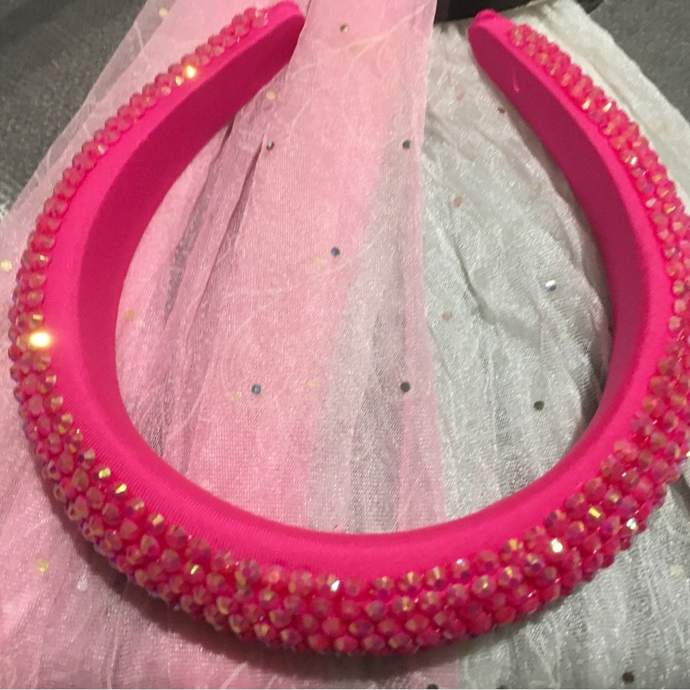WHITE AND PINK SHEER RHINESTONE SCARVES AND BEADED RHINESTONE HEADBAND BUNDLE